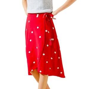 LOFT Women's Red & White Polka Dot Wrap Tie Waist Midi Skirt Size 8